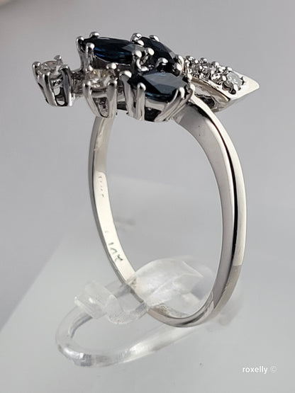 14K White Gold Sapphires and Genuine Diamonds Ring Size 9.25, Solid Gold