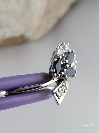 14K White Gold Sapphires and Genuine Diamonds Ring Size 9.25, Solid Gold