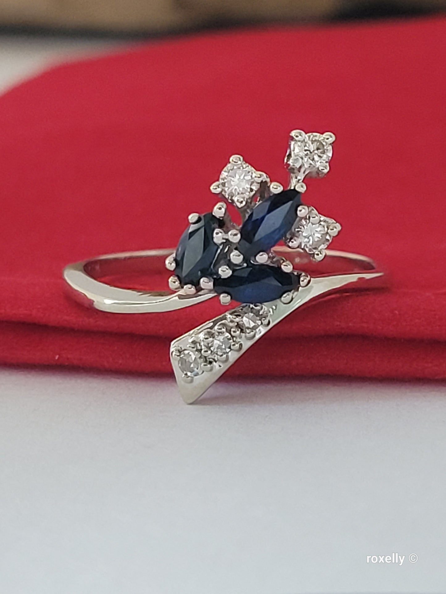 14K White Gold Sapphires and Genuine Diamonds Ring Size 9.25, Solid Gold