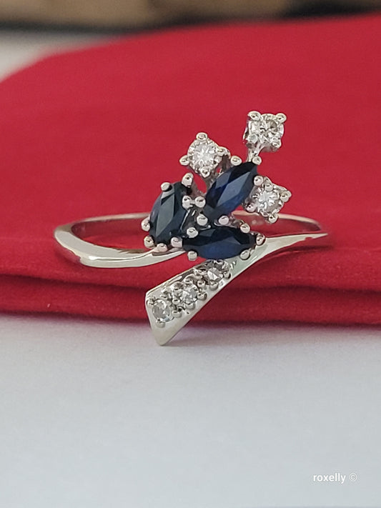 14K White Gold Sapphires and Genuine Diamonds Ring Size 9.25, Solid Gold