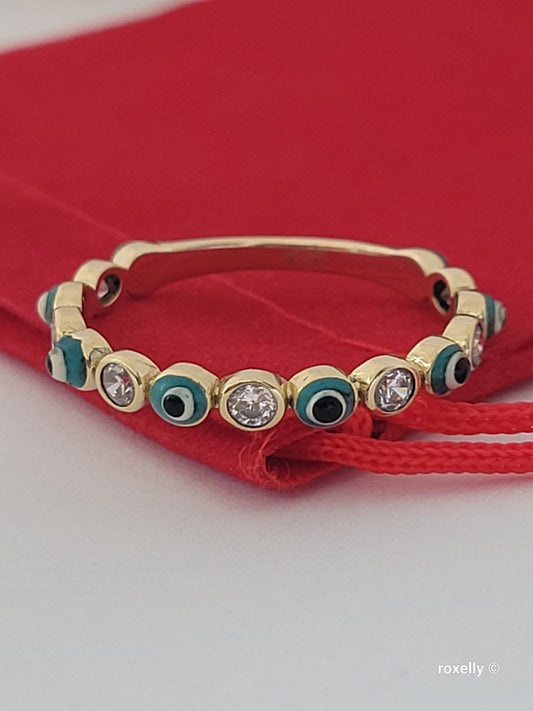 14K Yellow Gold Mystic Eyes and CZ Band Ring Size 9, Solid Gold