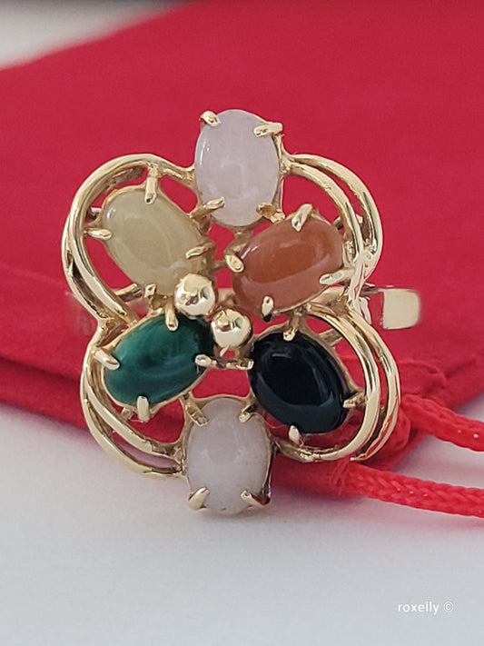 14K Yellow Gold Multiple Color Natural Jade Ring Size 8.5, Solid Gold