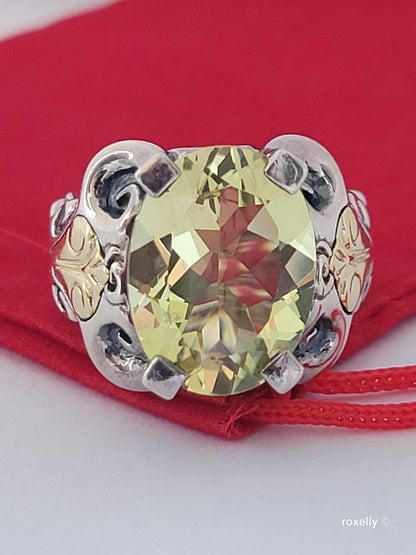 925 Sterling Silver and 18K Solid Gold Green Amethyst Ring Size 7, Made in Thailand