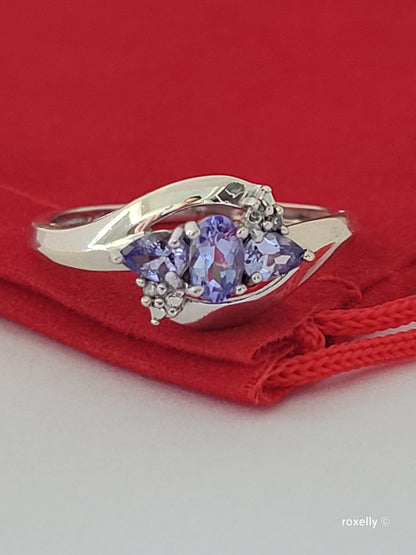 10K White Gold Tanzanite and Genuine Diamonds Ring Size 7, Solid Gold