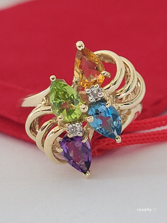 10K Yellow Gold Multi-Gemstone Ring Size 5 Solid Gold