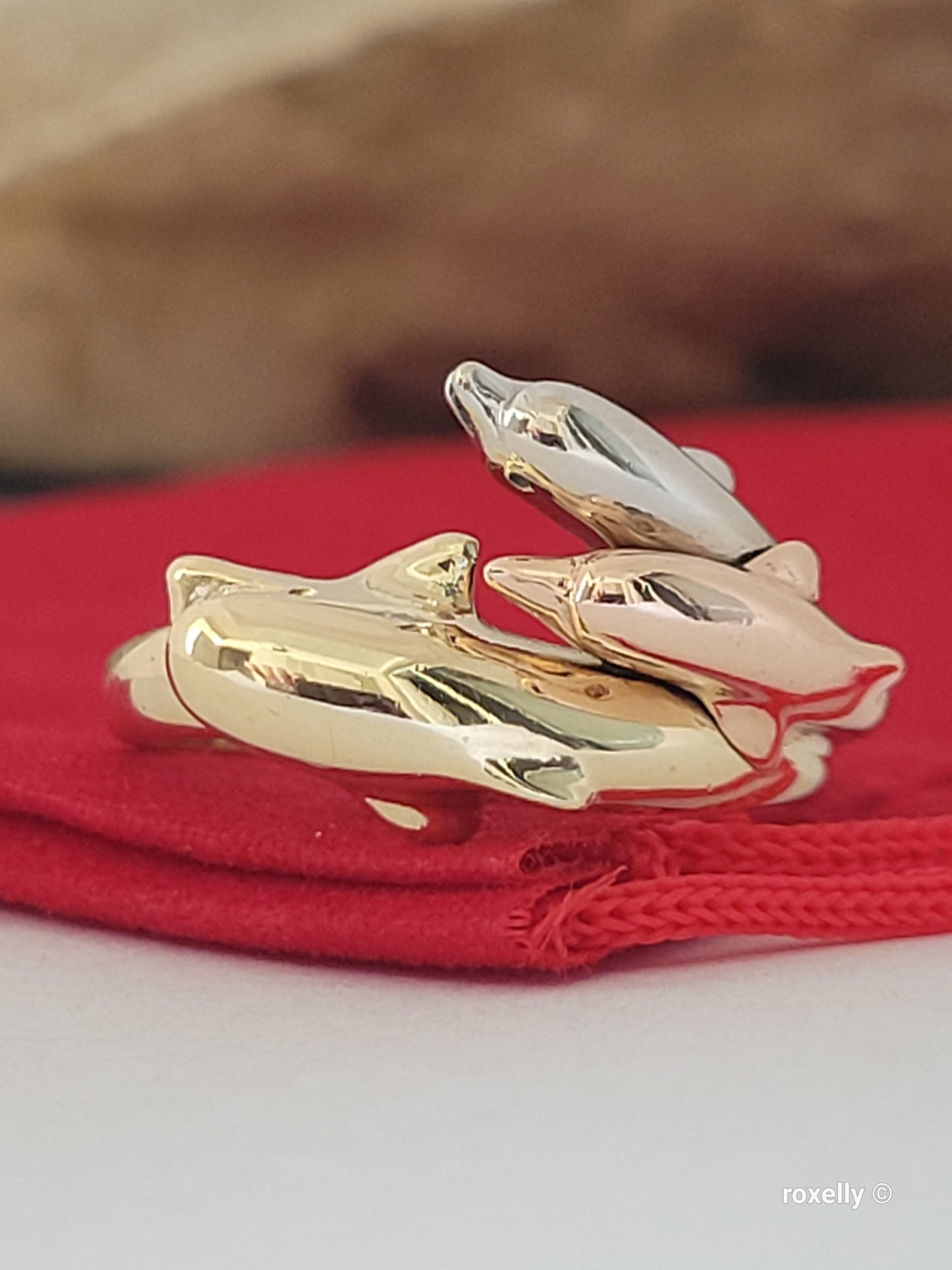 10K Three-Tone Gold Dolphin Design Ring Size 7, Solid Gold