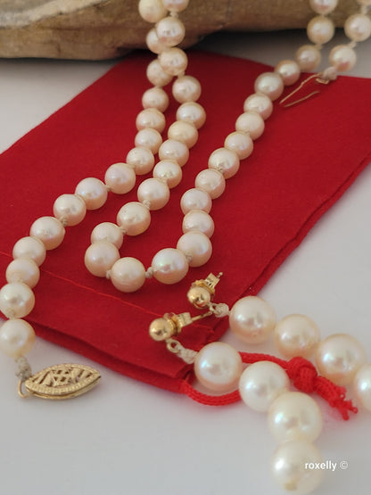 Vintage Freshwater Pearl Necklace & Earrings Set – 14K Yellow Gold Clasp, Posts & Backs
