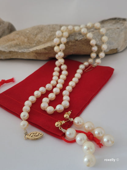 Vintage Freshwater Pearl Necklace & Earrings Set – 14K Yellow Gold Clasp, Posts & Backs