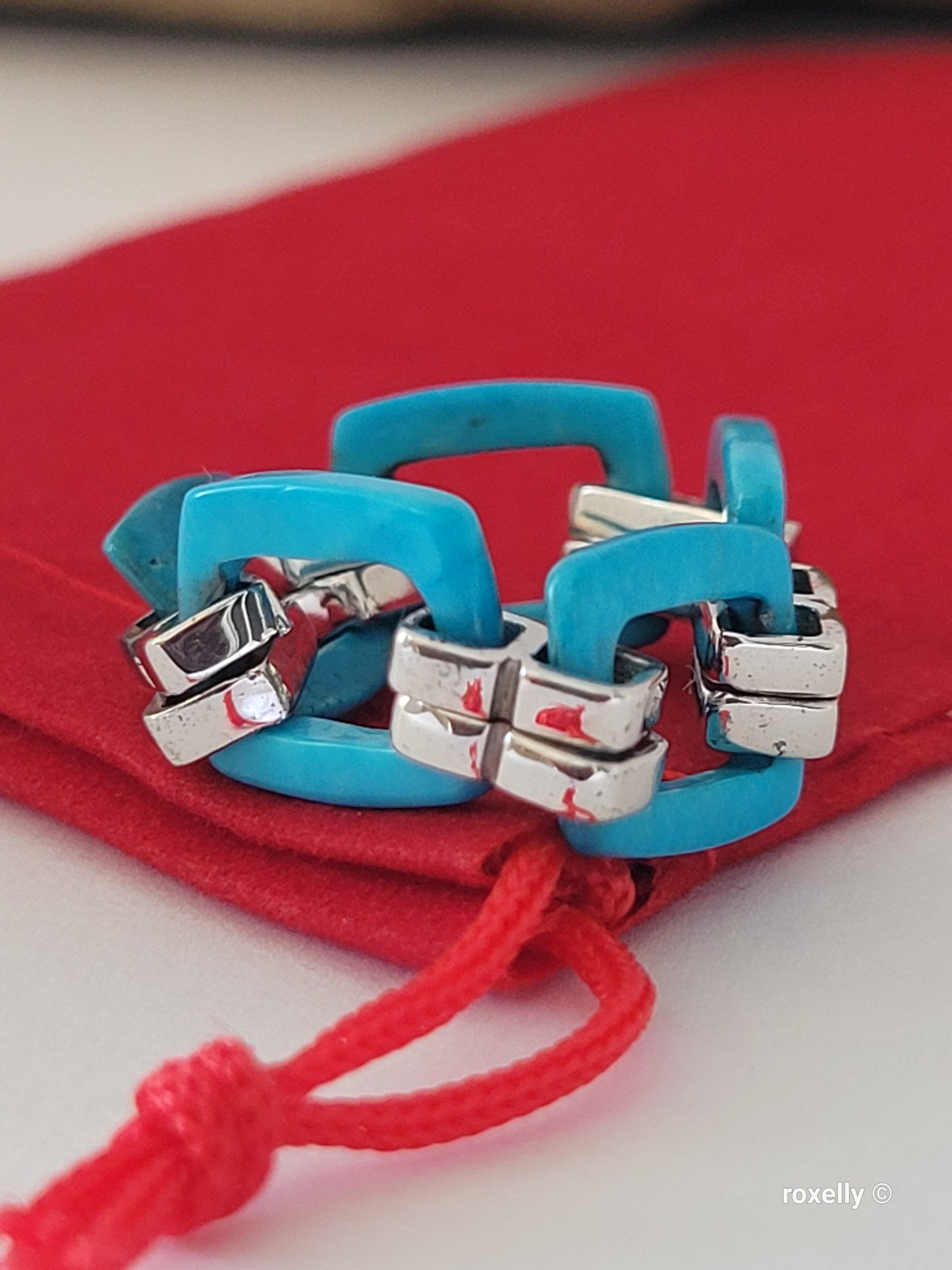 Turquoise Flexible Link Ring in 925 Sterling Silver, Size 8, Colleen Lopez HSN Statement Jewelry 👌🎁