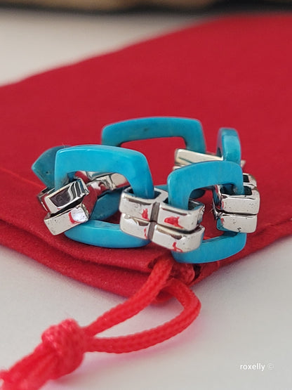 Turquoise Flexible Link Ring in 925 Sterling Silver, Size 8, Colleen Lopez HSN Statement Jewelry 👌🎁