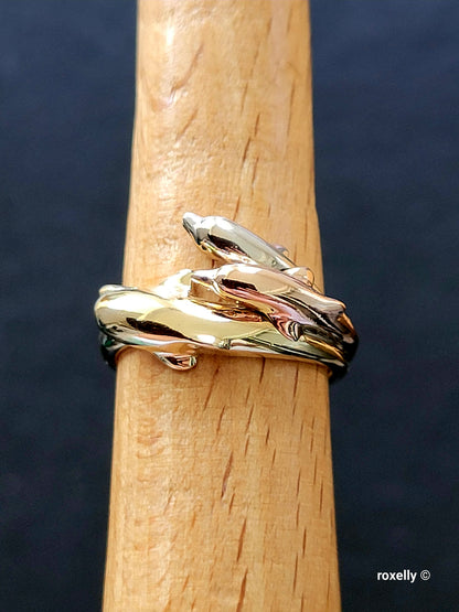 10K Three-Tone Gold Dolphin Design Ring Size 7, Solid Gold