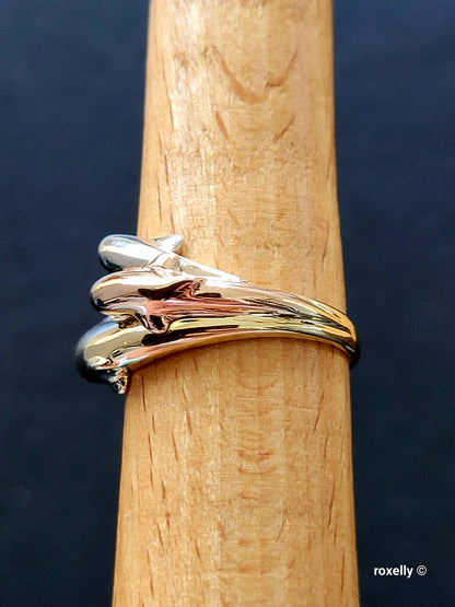 10K Three-Tone Gold Dolphin Design Ring Size 7, Solid Gold