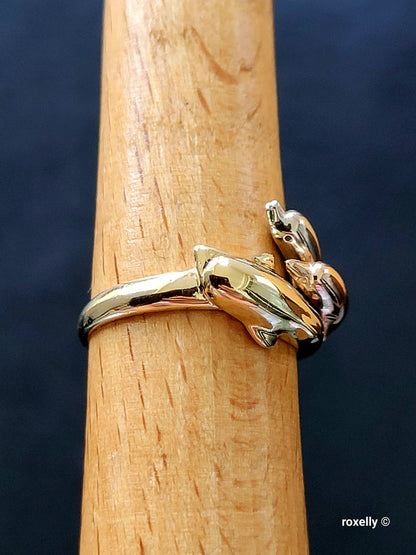 10K Three-Tone Gold Dolphin Design Ring Size 7, Solid Gold