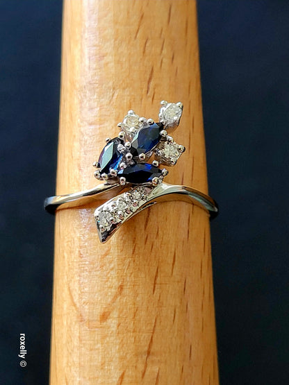 14K White Gold Sapphires and Genuine Diamonds Ring Size 9.25, Solid Gold