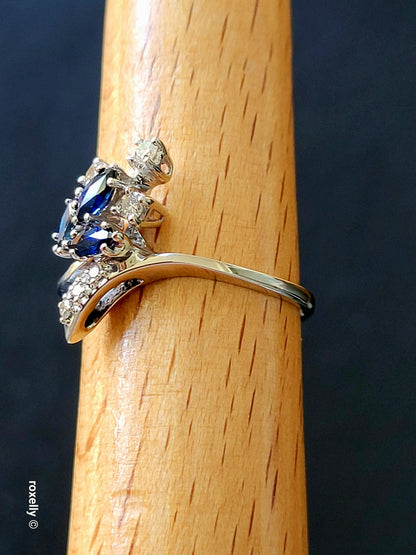 14K White Gold Sapphires and Genuine Diamonds Ring Size 9.25, Solid Gold