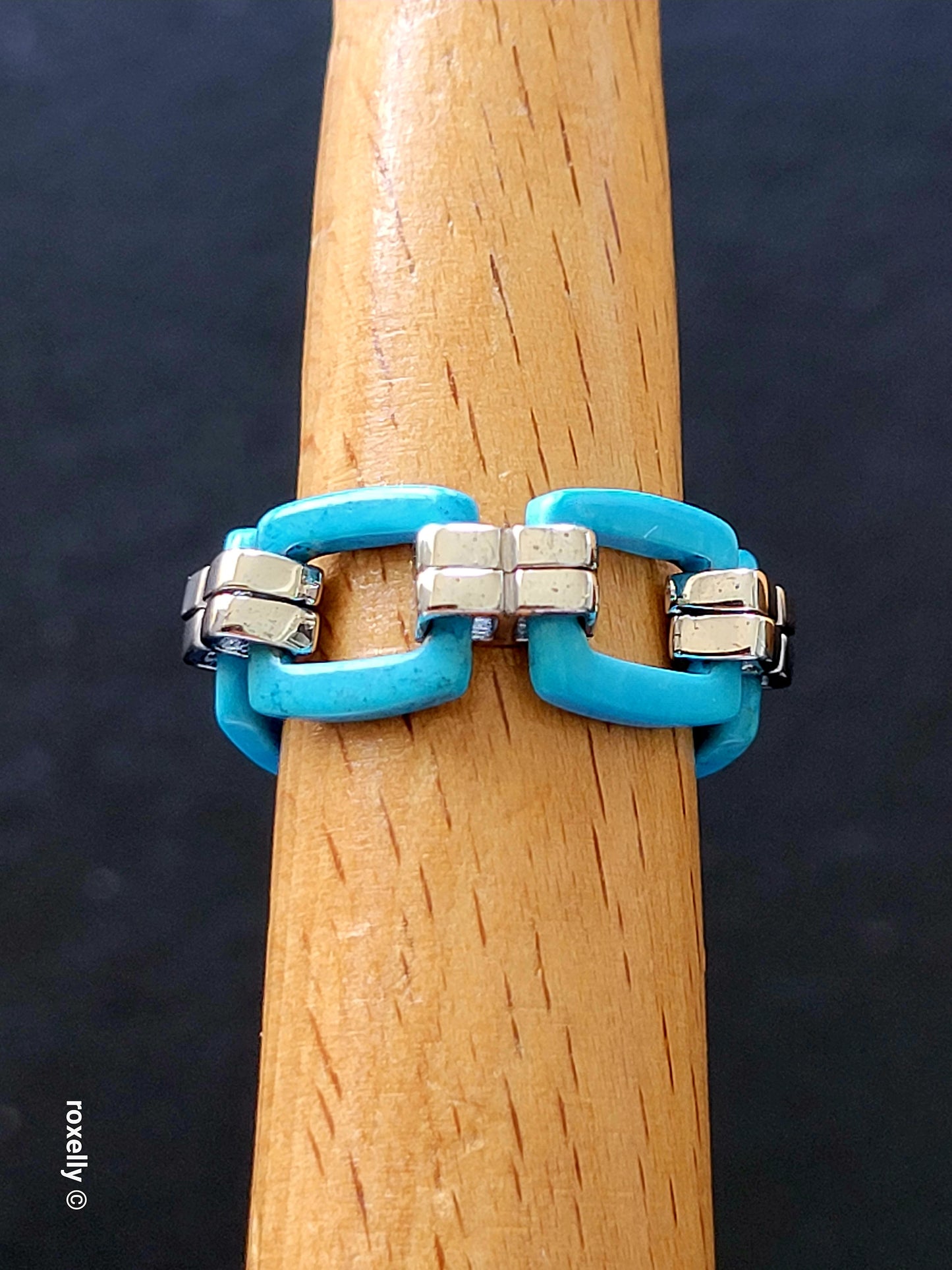 Turquoise Flexible Link Ring in 925 Sterling Silver, Size 8, Colleen Lopez HSN Statement Jewelry 👌🎁