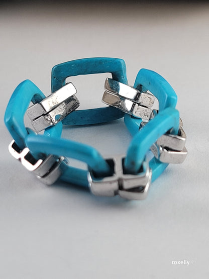 Turquoise Flexible Link Ring in 925 Sterling Silver, Size 8, Colleen Lopez HSN Statement Jewelry 👌🎁