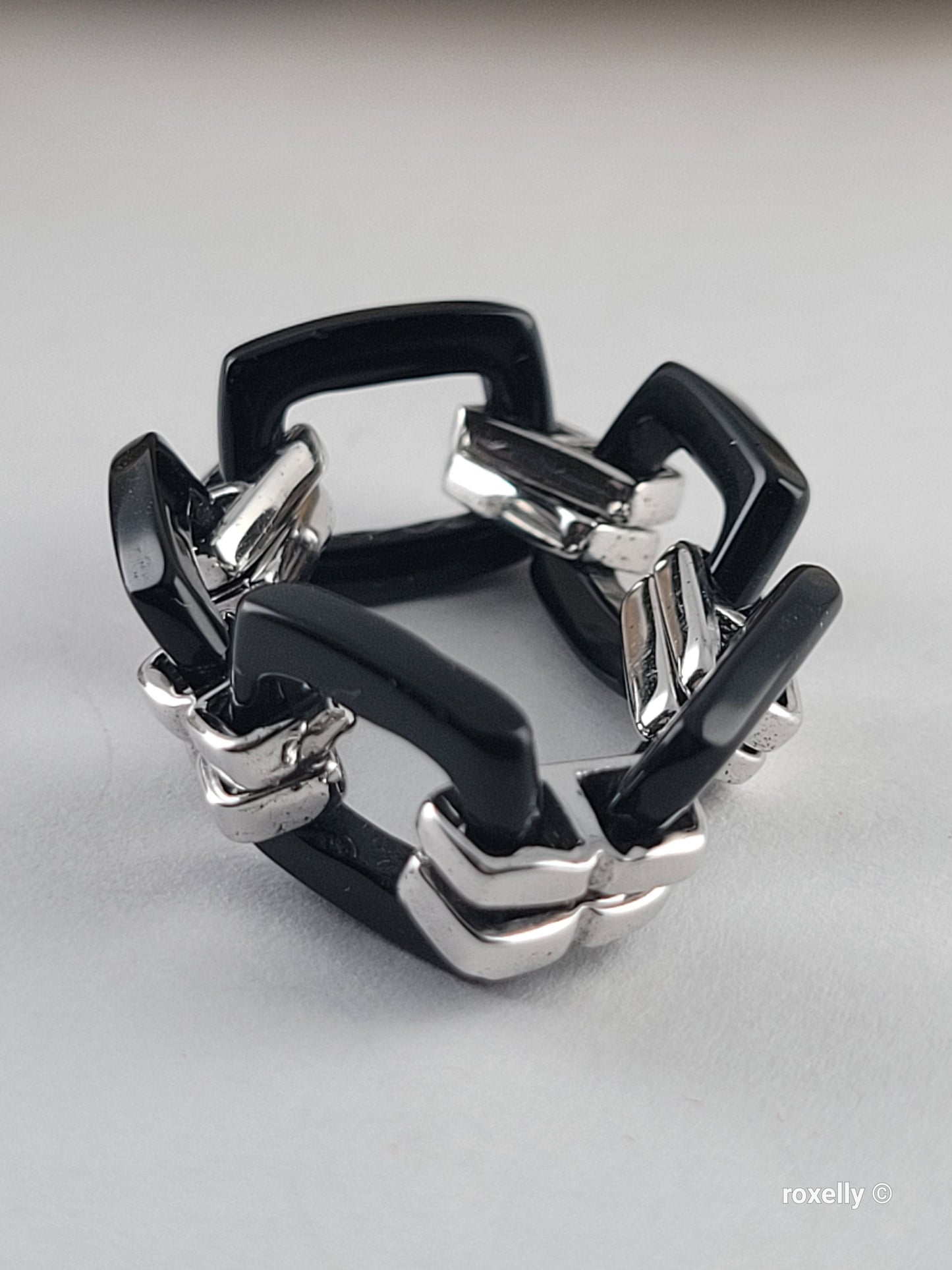 Black Onyx Flexible Link Ring in 925 Sterling Silver, Size 8, Colleen Lopez HSN Statement Jewelry