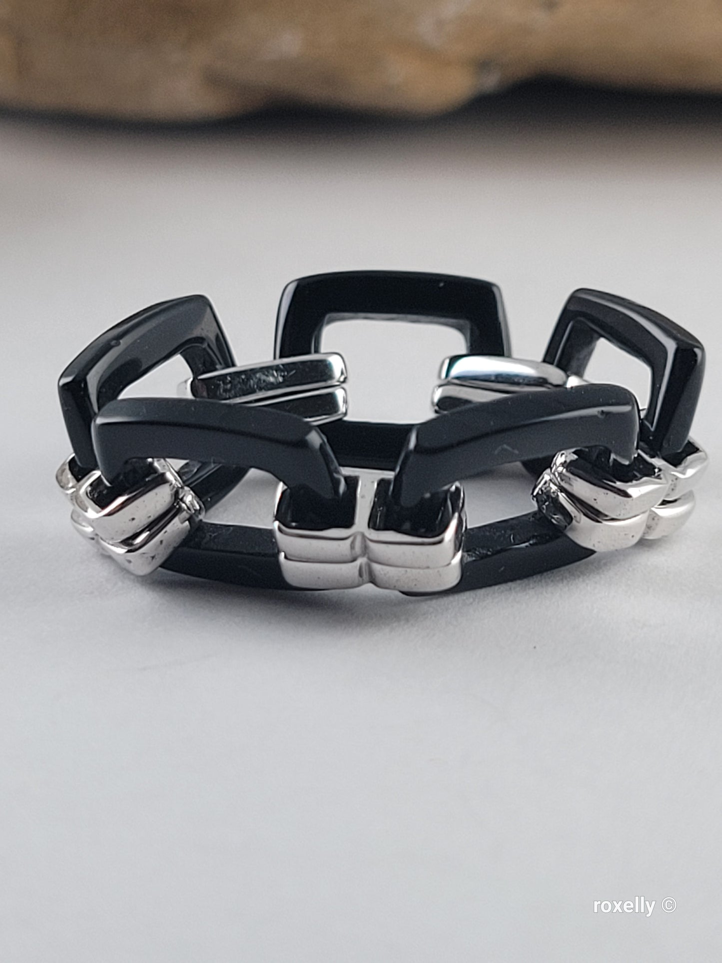 Black Onyx Flexible Link Ring in 925 Sterling Silver, Size 8, Colleen Lopez HSN Statement Jewelry