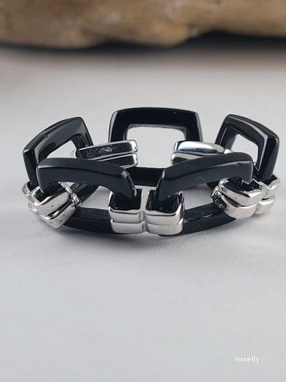 Black Onyx Flexible Link Ring in 925 Sterling Silver, Size 8, Colleen Lopez HSN Statement Jewelry