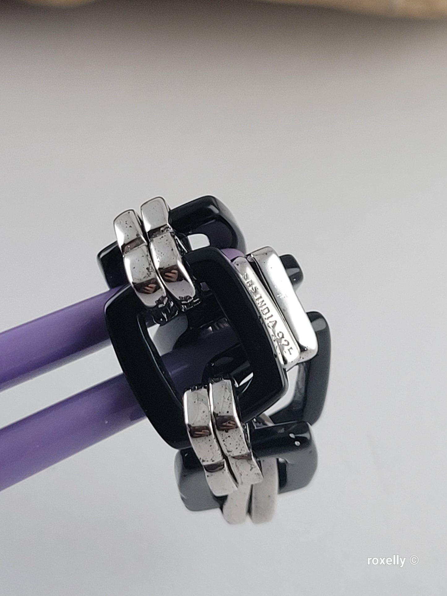 Black Onyx Flexible Link Ring in 925 Sterling Silver, Size 8, Colleen Lopez HSN Statement Jewelry