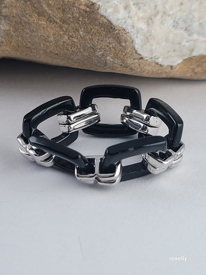 Black Onyx Flexible Link Ring in 925 Sterling Silver, Size 8, Colleen Lopez HSN Statement Jewelry