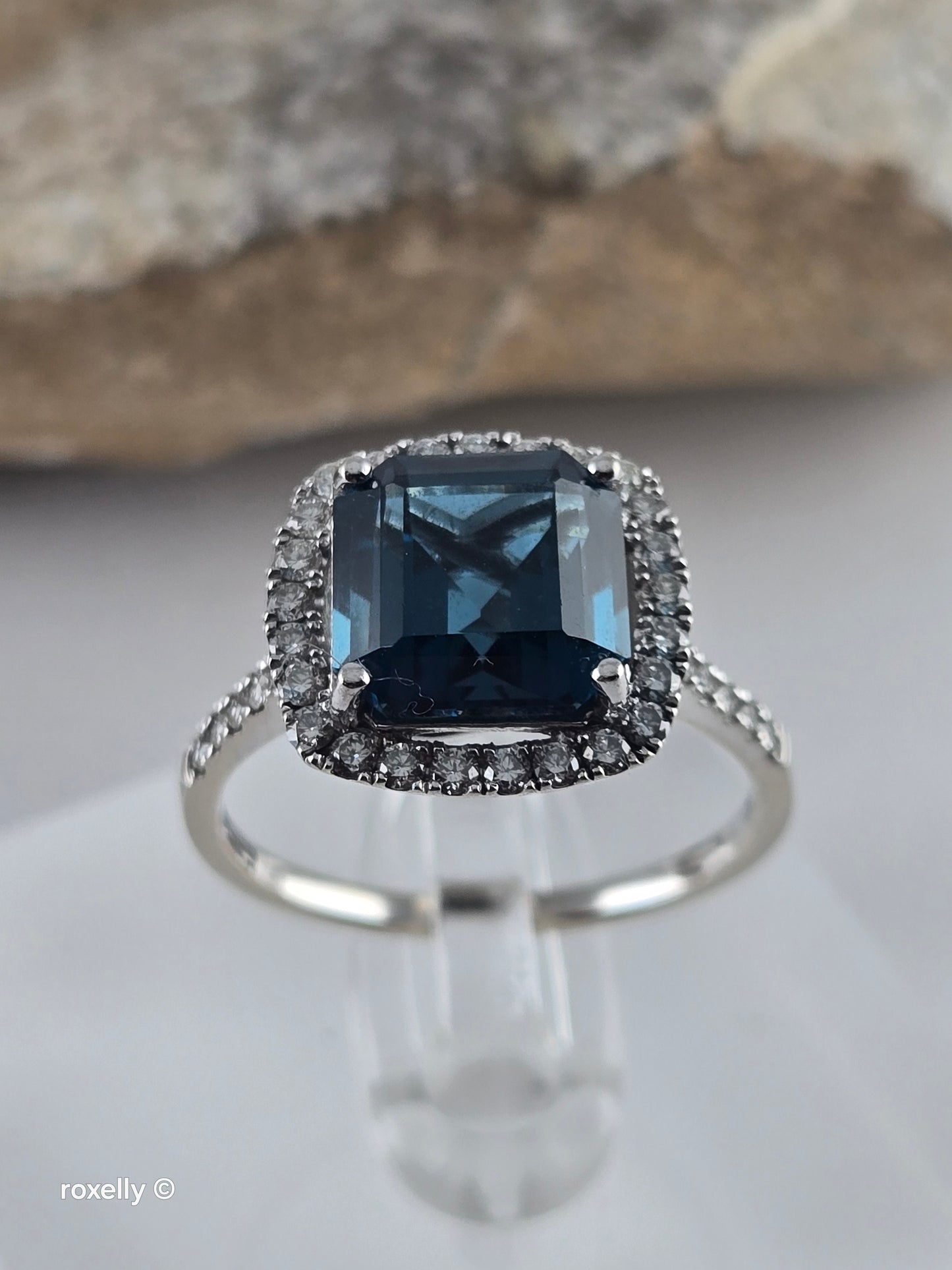 EFFY 14K Solid White Gold London Blue Topaz Diamond Ring, Asscher Cut Genuine Gemstone, Art Deco Style, 0.45ctw Diamonds - Size 7.75