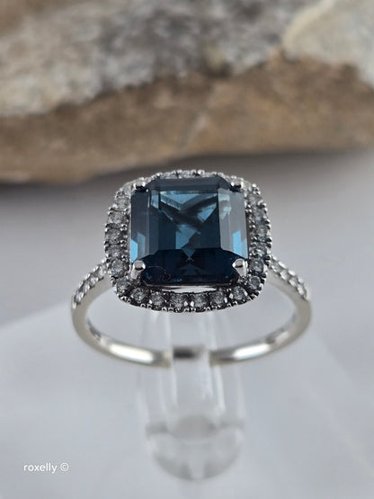 EFFY 14K Solid White Gold London Blue Topaz Diamond Ring, Asscher Cut Genuine Gemstone, Art Deco Style, 0.45ctw Diamonds - Size 7.75
