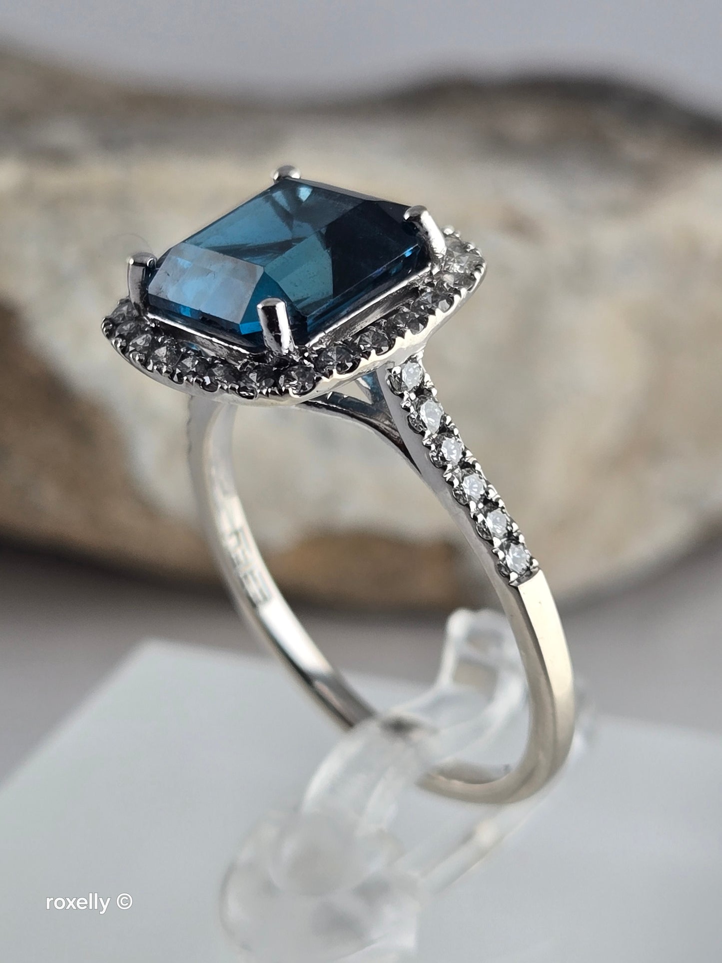 EFFY 14K Solid White Gold London Blue Topaz Diamond Ring, Asscher Cut Genuine Gemstone, Art Deco Style, 0.45ctw Diamonds - Size 7.75