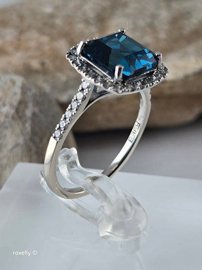 EFFY 14K Solid White Gold London Blue Topaz Diamond Ring, Asscher Cut Genuine Gemstone, Art Deco Style, 0.45ctw Diamonds - Size 7.75