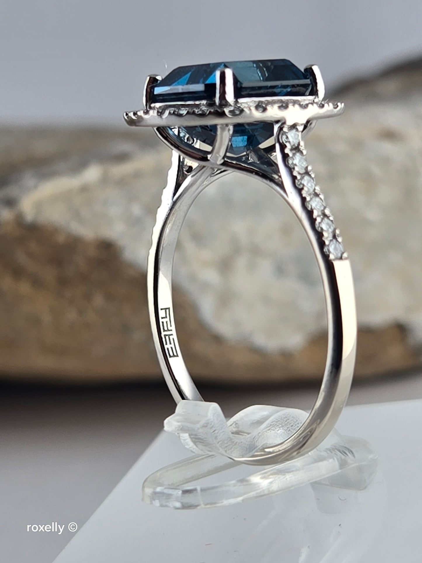 EFFY 14K Solid White Gold London Blue Topaz Diamond Ring, Asscher Cut Genuine Gemstone, Art Deco Style, 0.45ctw Diamonds - Size 7.75