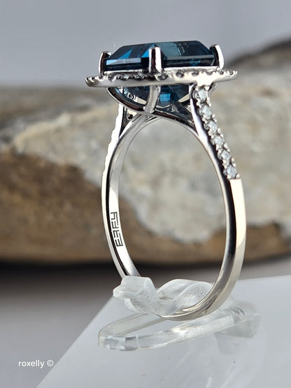 EFFY 14K Solid White Gold London Blue Topaz Diamond Ring, Asscher Cut Genuine Gemstone, Art Deco Style, 0.45ctw Diamonds - Size 7.75