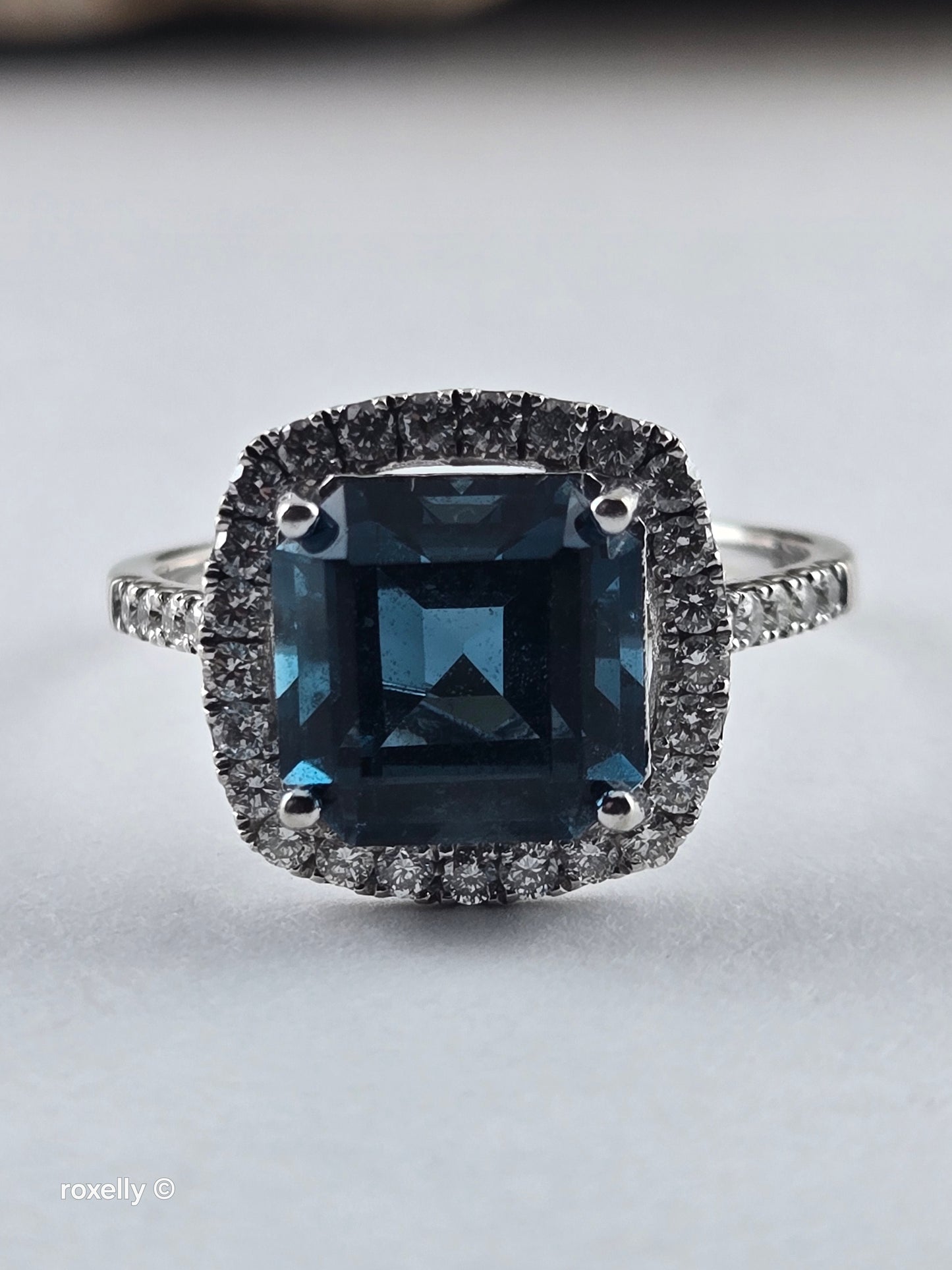 EFFY 14K Solid White Gold London Blue Topaz Diamond Ring, Asscher Cut Genuine Gemstone, Art Deco Style, 0.45ctw Diamonds - Size 7.75