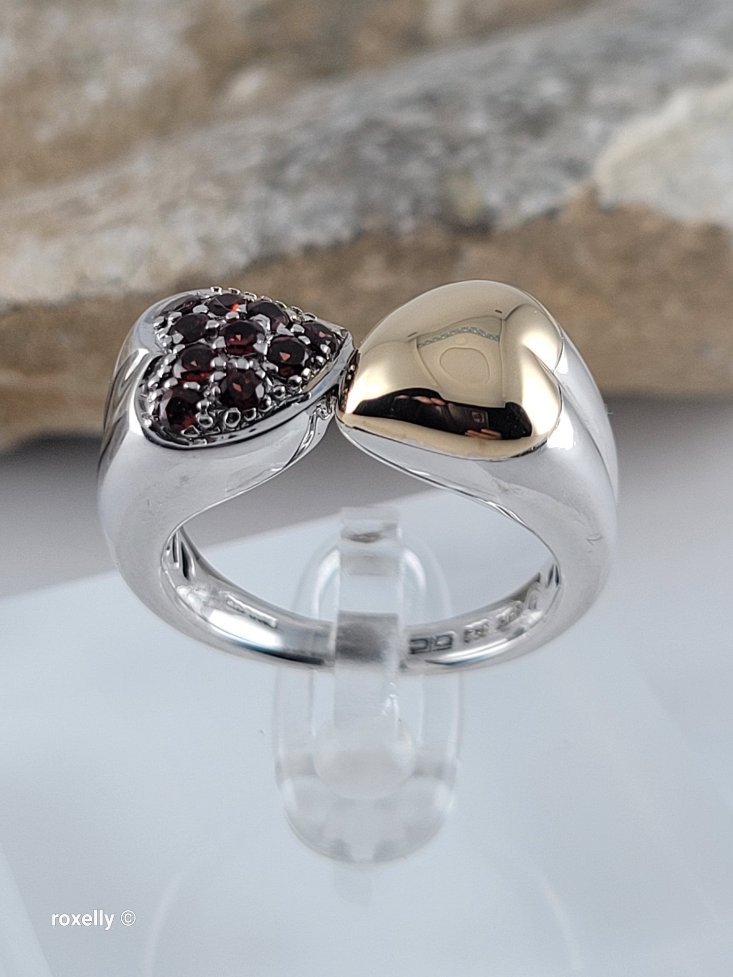 Sterling Silver 925 Double Heart Garnet Ring with 18K Yellow Gold Heart Size 8