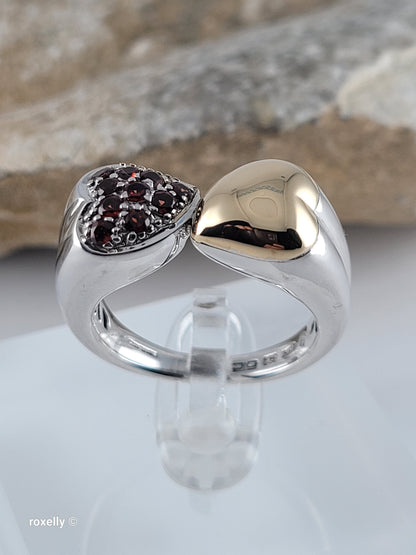 Sterling Silver 925 Double Heart Garnet Ring with 18K Yellow Gold Heart Size 8