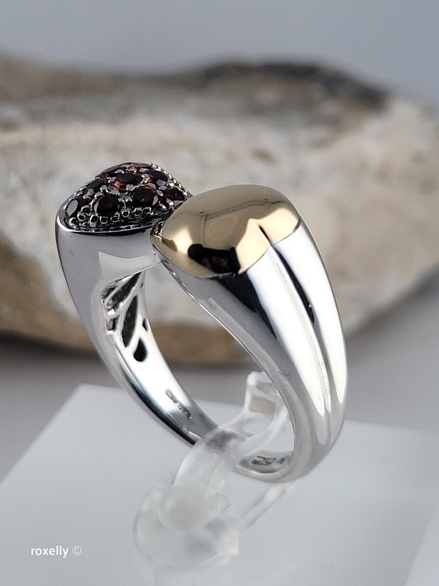 Sterling Silver 925 Double Heart Garnet Ring with 18K Yellow Gold Heart Size 8