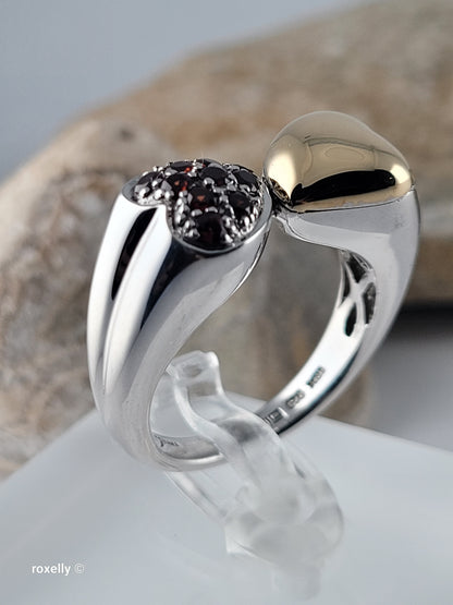 Sterling Silver 925 Double Heart Garnet Ring with 18K Yellow Gold Heart Size 8