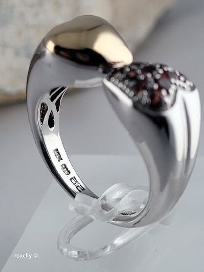 Sterling Silver 925 Double Heart Garnet Ring with 18K Yellow Gold Heart Size 8