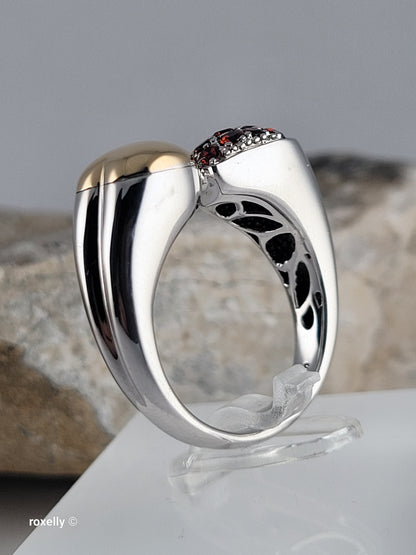 Sterling Silver 925 Double Heart Garnet Ring with 18K Yellow Gold Heart Size 8
