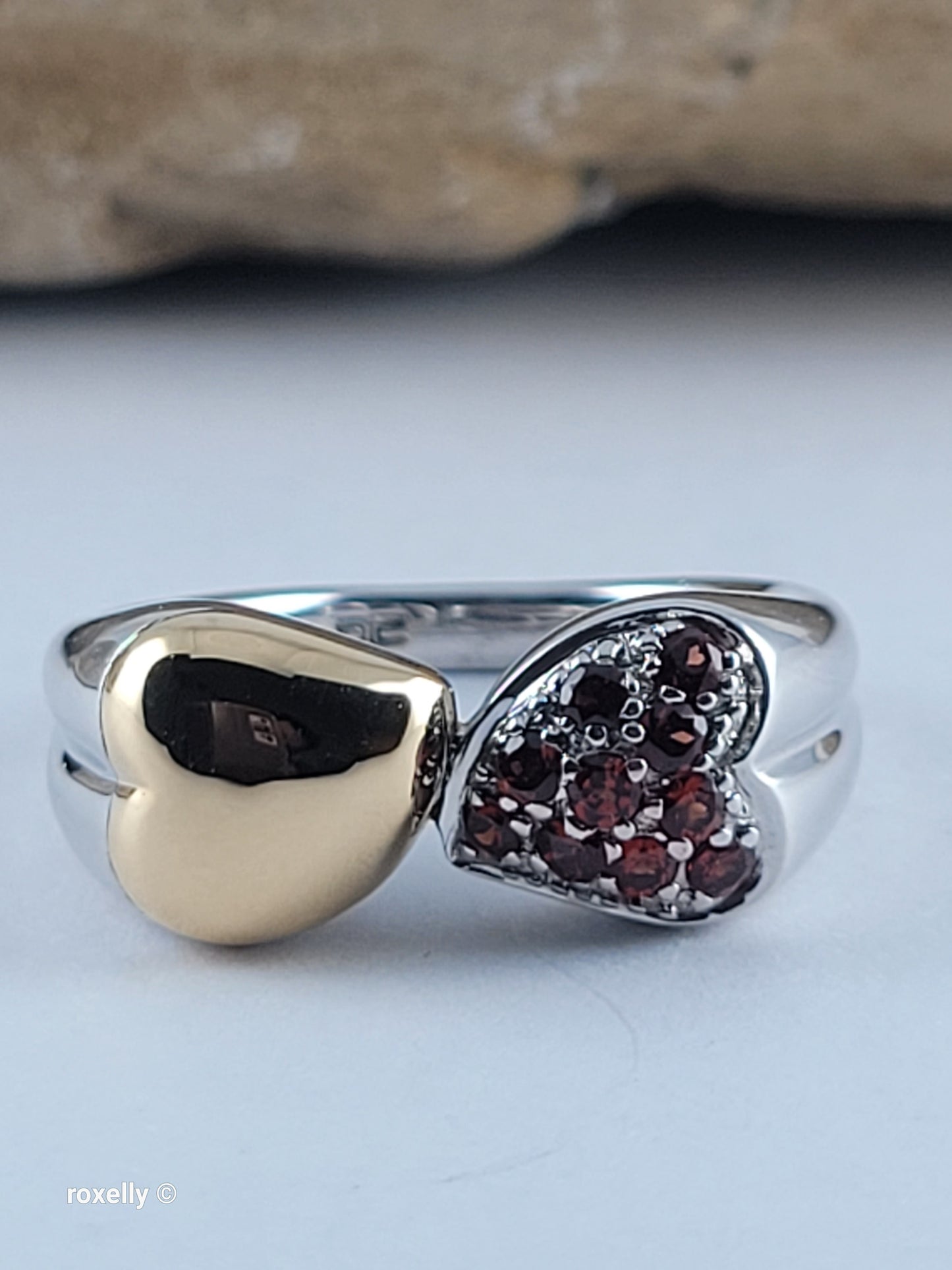 Sterling Silver 925 Double Heart Garnet Ring with 18K Yellow Gold Heart Size 8