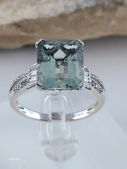 EFFY 14K White Gold Green Amethyst & Diamond Ring Size 9, Baguette Round Diamonds