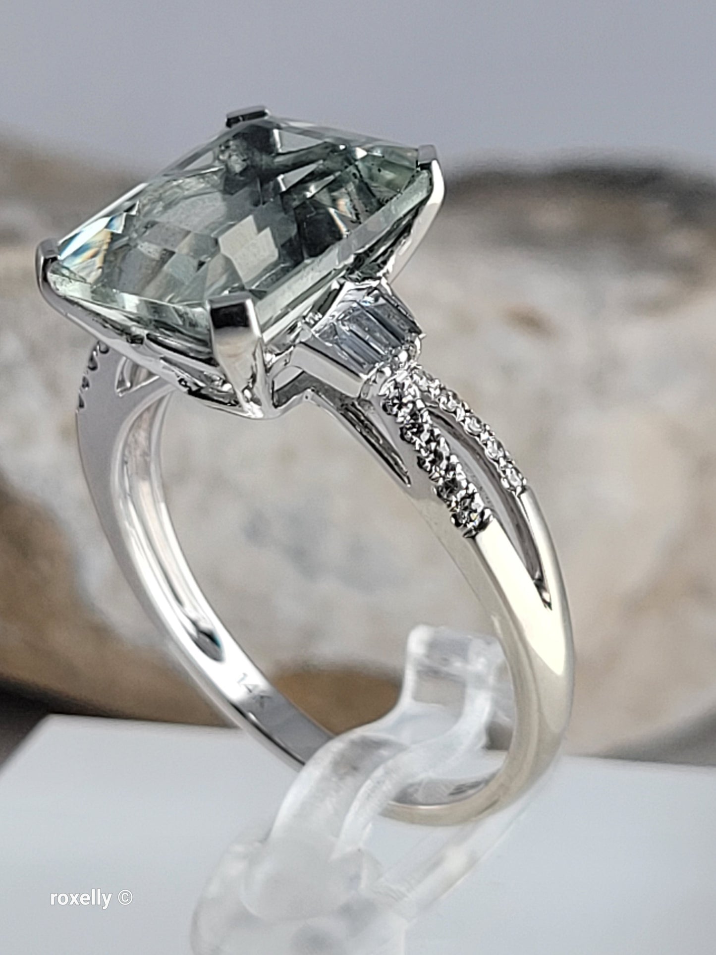 EFFY 14K White Gold Green Amethyst & Diamond Ring Size 9, Baguette Round Diamonds