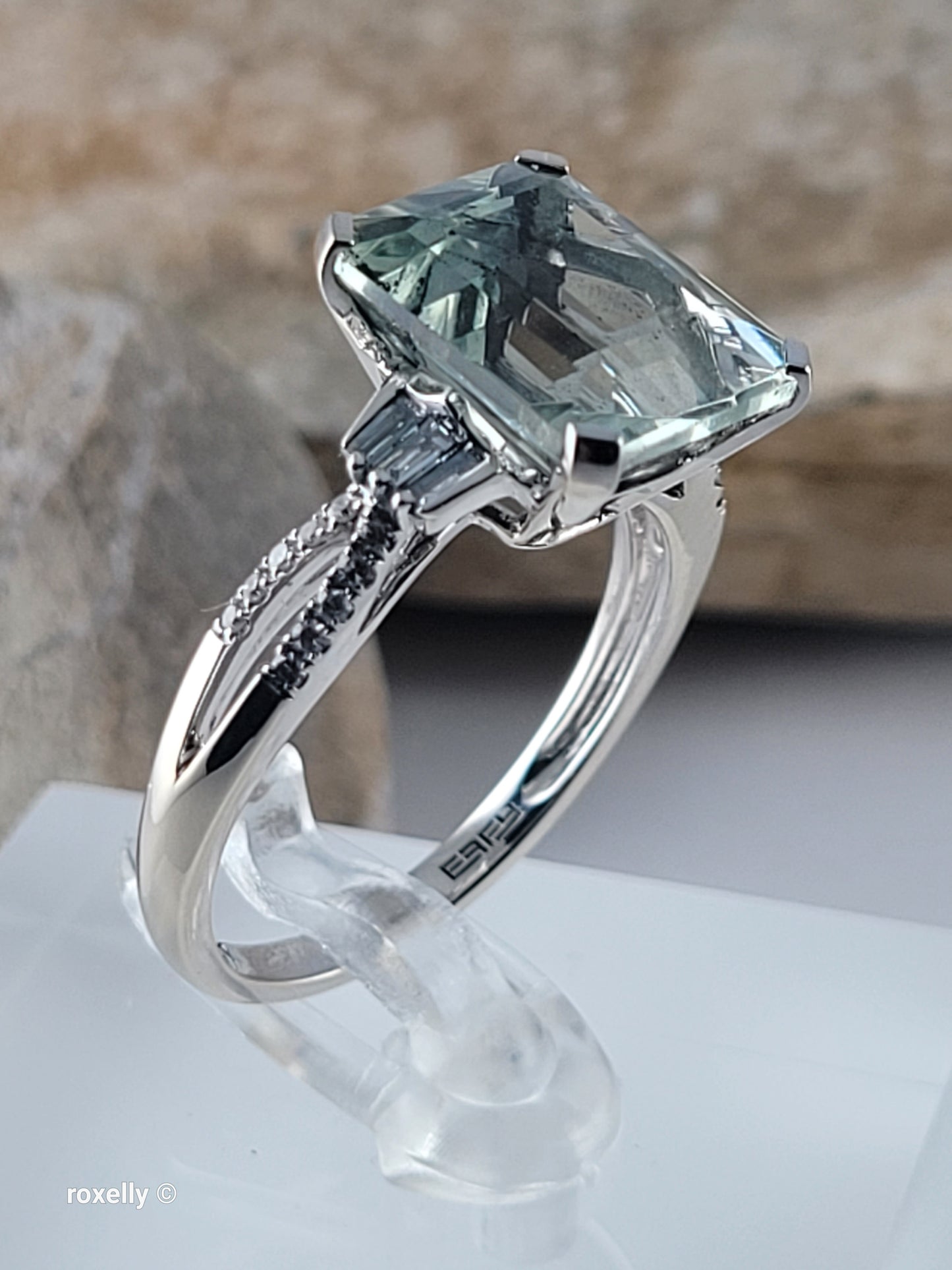 EFFY 14K White Gold Green Amethyst & Diamond Ring Size 9, Baguette Round Diamonds