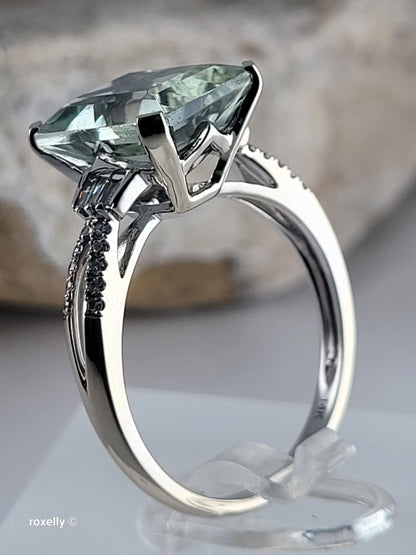 EFFY 14K White Gold Green Amethyst & Diamond Ring Size 9, Baguette Round Diamonds