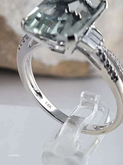 EFFY 14K White Gold Green Amethyst & Diamond Ring Size 9, Baguette Round Diamonds
