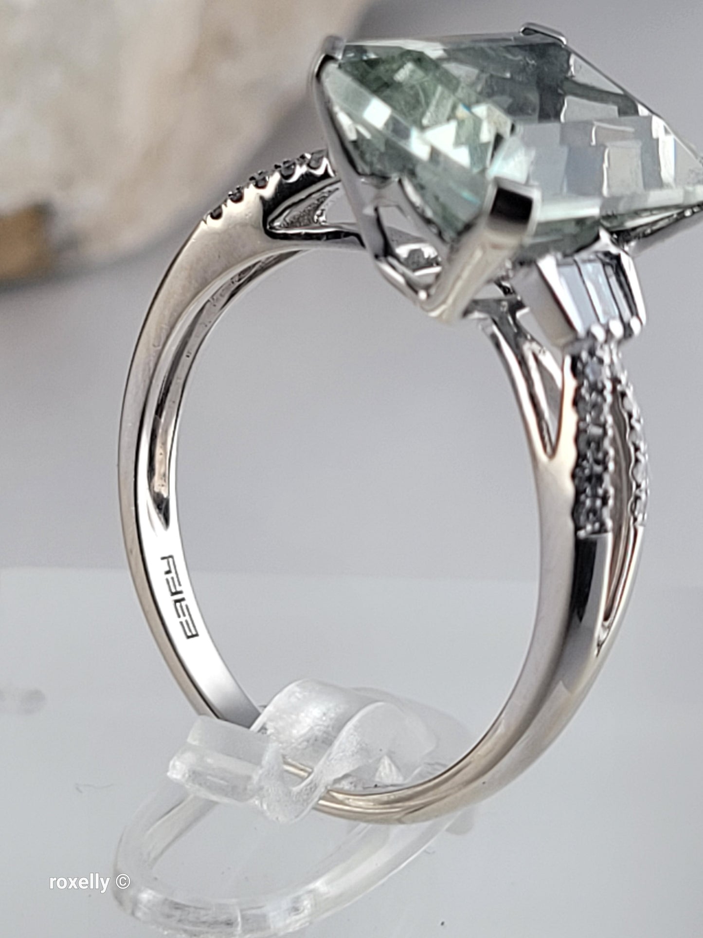 EFFY 14K White Gold Green Amethyst & Diamond Ring Size 9, Baguette Round Diamonds