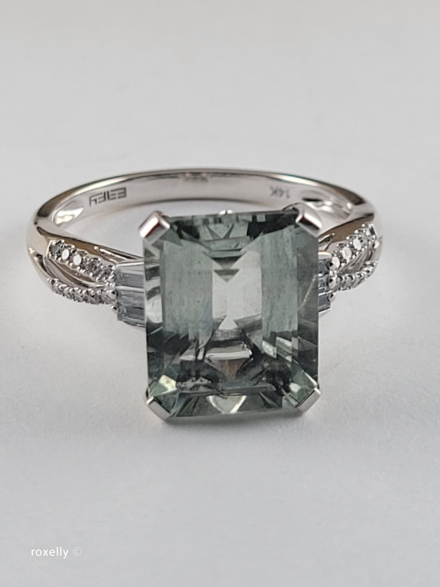 EFFY 14K White Gold Green Amethyst & Diamond Ring Size 9, Baguette Round Diamonds