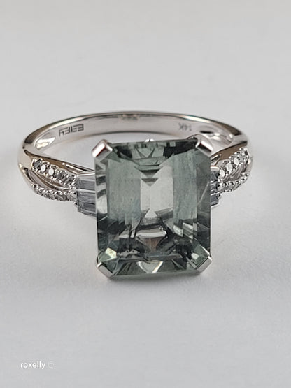 EFFY 14K White Gold Green Amethyst & Diamond Ring Size 9, Baguette Round Diamonds