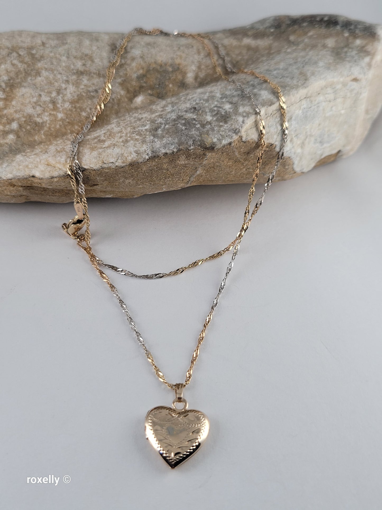 14K Two-Tone of Gold Singapore Chain Necklace, and Heart-Shaped Locket, Made in Italy