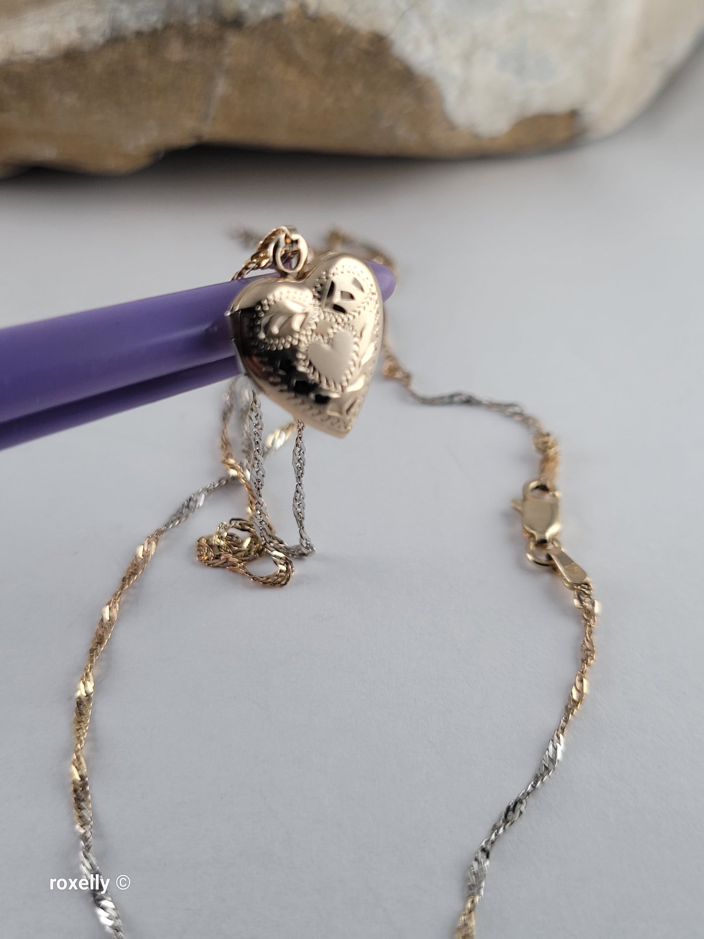 14K Two-Tone of Gold Singapore Chain Necklace, and Heart-Shaped Locket, Made in Italy